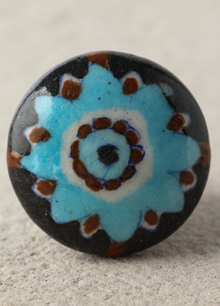 Stylish Turquoise Flower On Black Ceramic Kitchen Cabinet Knob