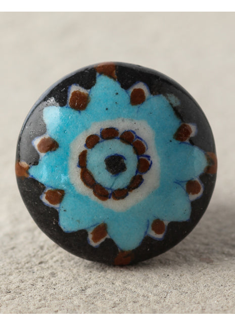 Stylish Turquoise Flower On Black Ceramic Kitchen Cabinet Knob