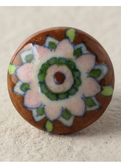 Stylish White Flower On Brown Ceramic Dresser Cabinet Knob