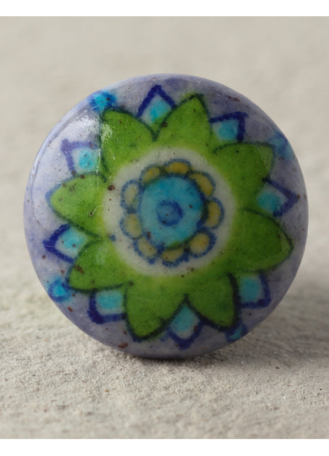 Green Flower On Purple Ceramic Blue Pottery Kitchen Cabinet Knob