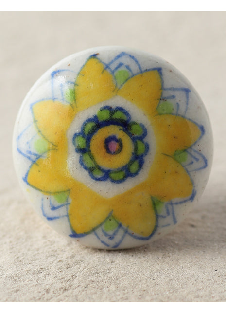 Vintage Yellow Flower On White Ceramic Kitchen Cabinet Knob