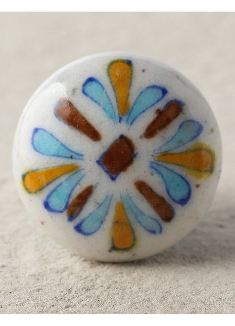 Stylish White Round Ceramic Blue Pottery Drawer Knob With Multicolor Petals