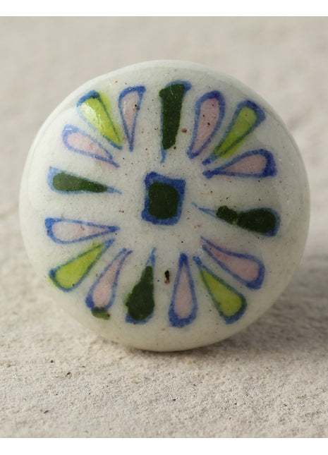 Handmade Green And Pink Petals On White Ceramic Blue Pottery Drawer Knob