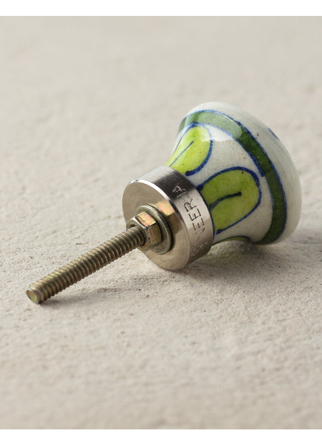 Handmade Green And Pink Petals On White Ceramic Blue Pottery Drawer Knob