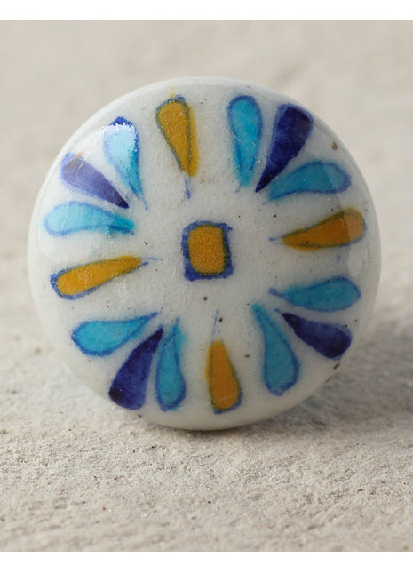 Designer White Base With yellow And Turquoise Petals Ceramic Door Knob