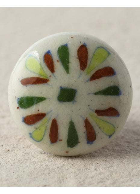 Elegant White Ceramic Round Blue Pottery Door Knob With Multicolor Petals