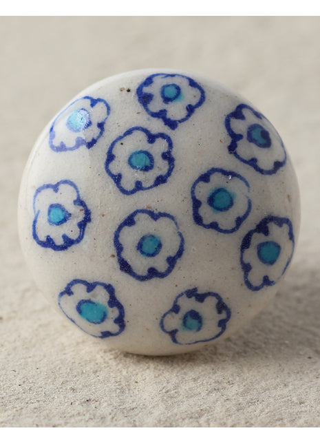 Blue and Turquoise Flowered White Ceramic Cabinet Knob