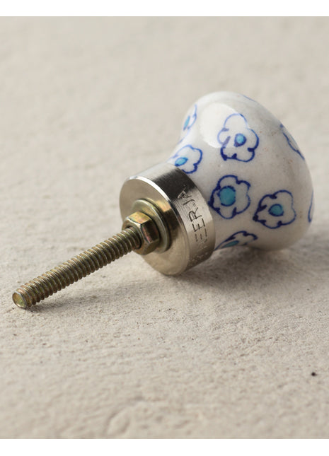 Blue and Turquoise Flowered White Ceramic Cabinet Knob