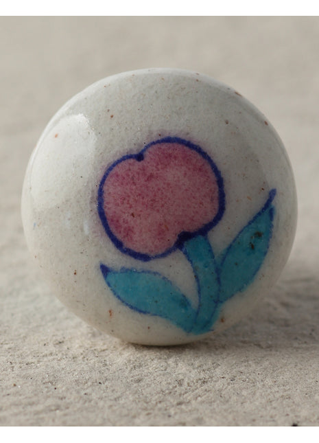 Stylish Ceramic White Blue Pottery Drawer Knob With Pink Flower
