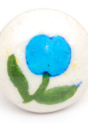 Vintage White Blue Pottery Knob With Turquoise Flower