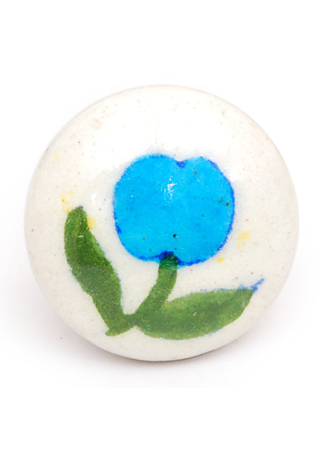 Vintage White Blue Pottery Knob With Turquoise Flower