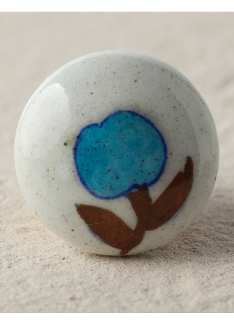 Handcrafted White Ceramic Blue Pottery Knob With Turquoise Flower