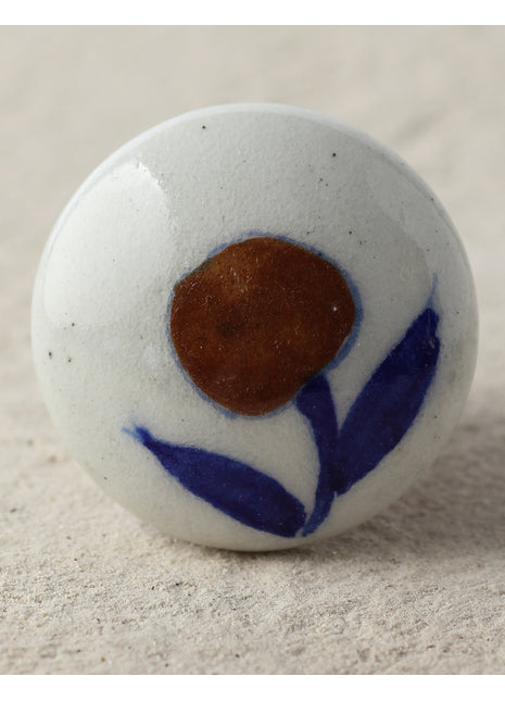 Antique White Blue Pottery Drawer Knob With Brown Flower