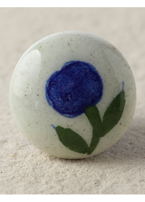Handmade White Blue Pottery Knob With Blue Flower