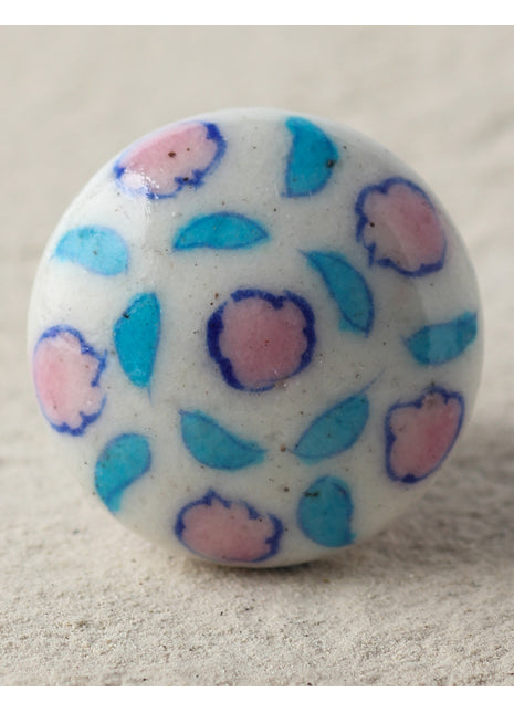 Stylish Pink Flowers On White Ceramic Blue Pottery Drawer Knob