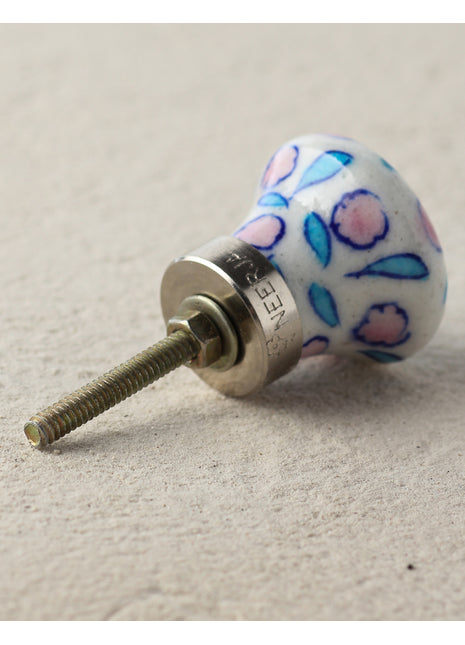 Stylish Pink Flowers On White Ceramic Blue Pottery Drawer Knob