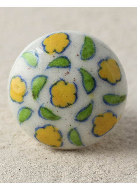 Handmade Yellow Flowers On White Ceramic Blue Pottery Door Knob
