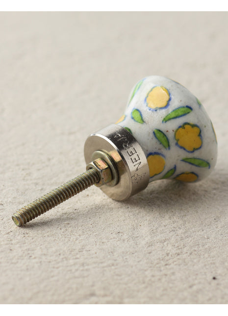 Handmade Yellow Flowers On White Ceramic Blue Pottery Door Knob