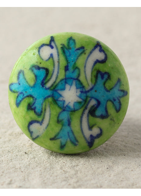Handmade Light Green Dresser Cabinet Knob With White And Turquoise Design