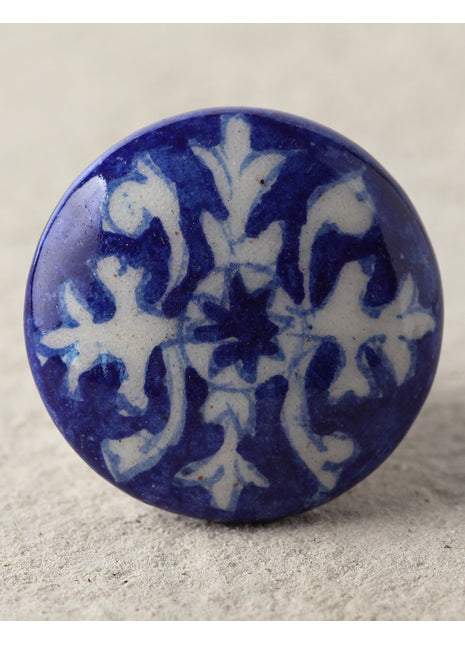 Blue Ceramic Blue Pottery Dresser Cabinet Knob With White Design