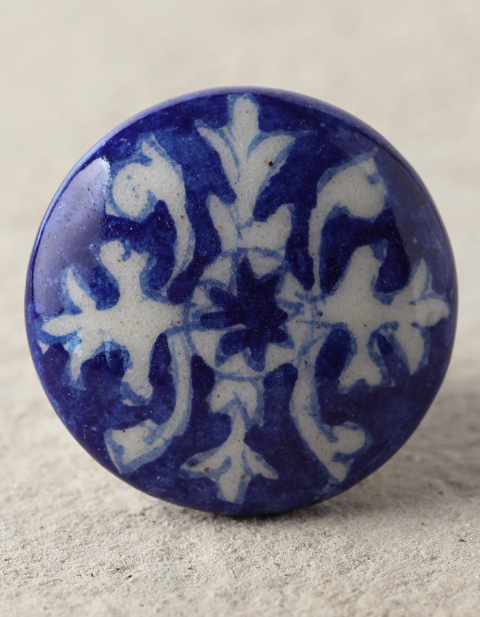 Blue Ceramic Blue Pottery Dresser Cabinet Knob With White Design Brass / 1.75" Blue Ceramic Blue Pottery Dresser Cabinet Knob With White Design Brass / 1.75"