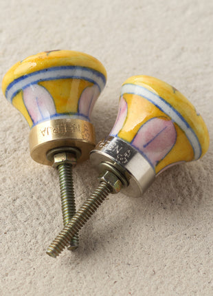 Yellow Handmade Dresser Cabinet Knob With White And Brown Design