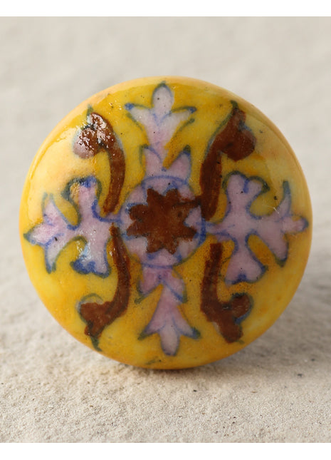 Yellow Handmade Dresser Cabinet Knob With White And Brown Design