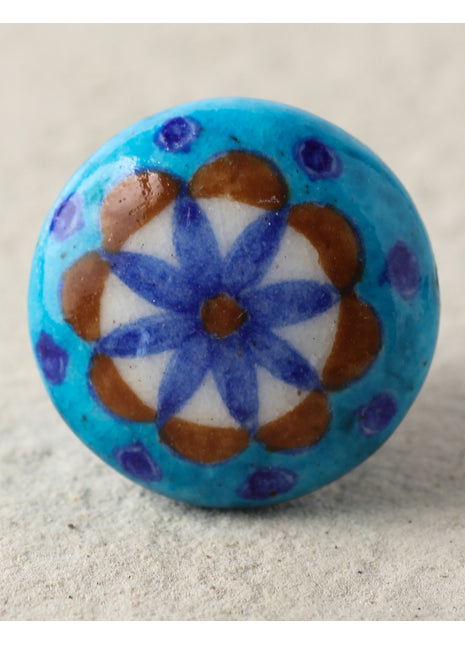 Blue Handmade Dresser Cabinet Knob With Turquoise Flower