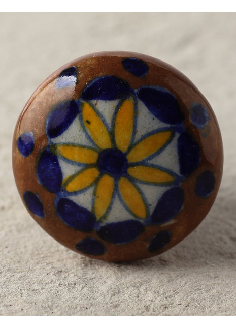 Brown Ceramic Blue Pottery Kitchen Cabinet Knob With Yellow Flower