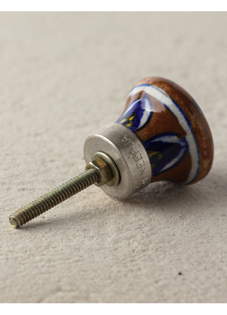Brown Ceramic Blue Pottery Kitchen Cabinet Knob With Yellow Flower