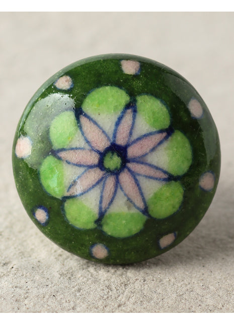 Green Handmade Dresser Cabinet Knob With White And Blue Design