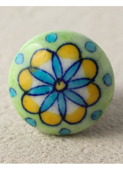 Light Green Ceramic Blue Pottery Drawer Knob With Turquoise And Yellow Print