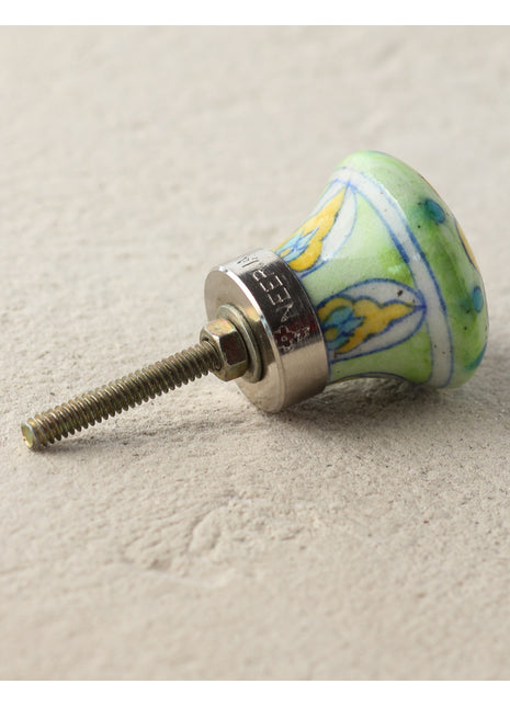 Light Green Ceramic Blue Pottery Drawer Knob With Turquoise And Yellow Print