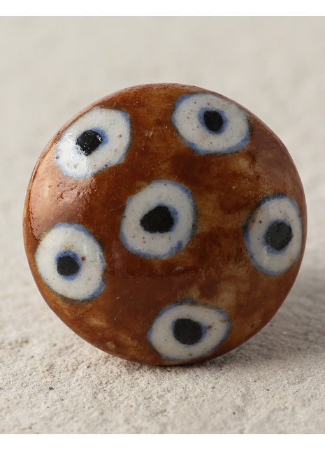Handmade White Circles On Brown Ceramic Blue Pottery Door Knob
