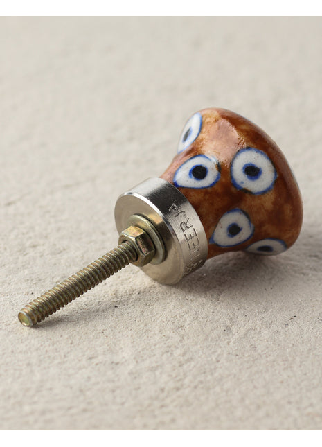 Handmade White Circles On Brown Ceramic Blue Pottery Door Knob