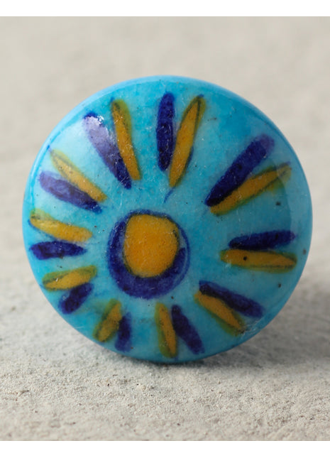 Handmade Yellow And Blue Flowers On Turquoise Ceramic Drawer Knob