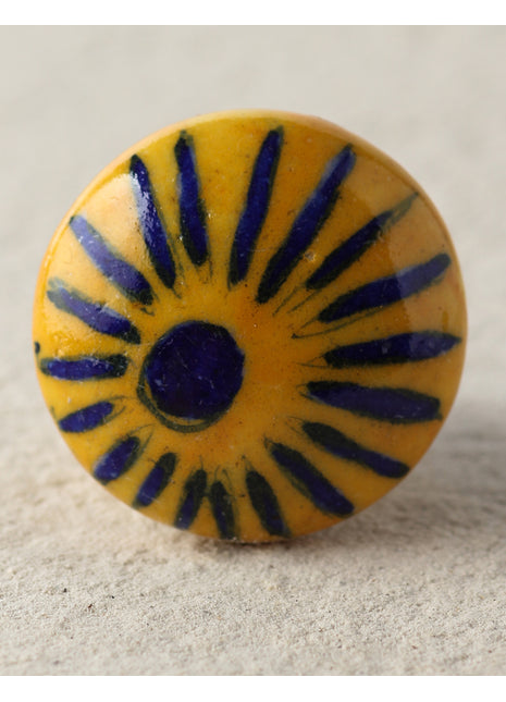 Stylish Blue Flower On Yellow Ceramic Blue Pottery Door Knob