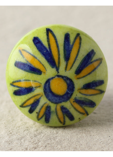 Handmade Light Green Ceramic Door Knob With Yellow And Blue Design