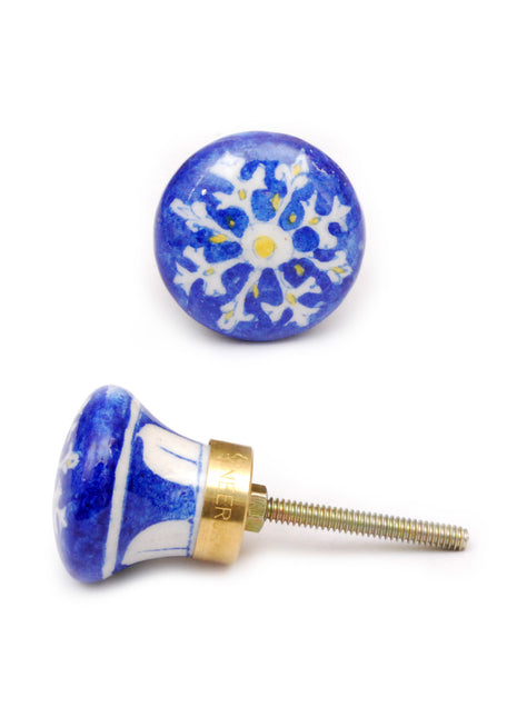 Antique Blue Ceramic Blue Pottery Door Knob With White Flower