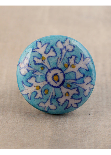 Stylish Turquoise Ceramic Blue Pottery Door Knob With White Flower