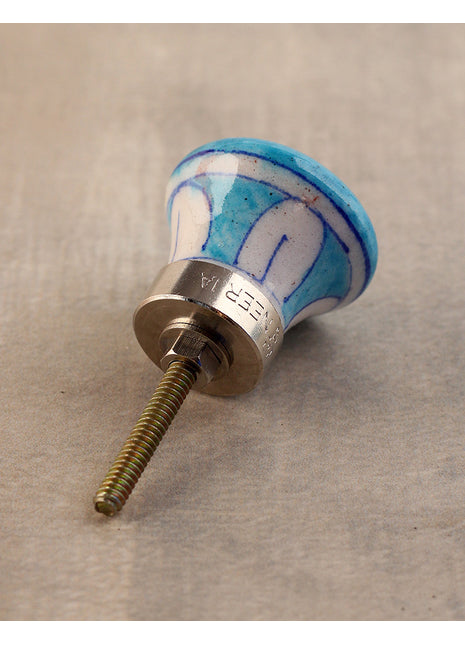 Stylish Turquoise Ceramic Blue Pottery Door Knob With White Flower