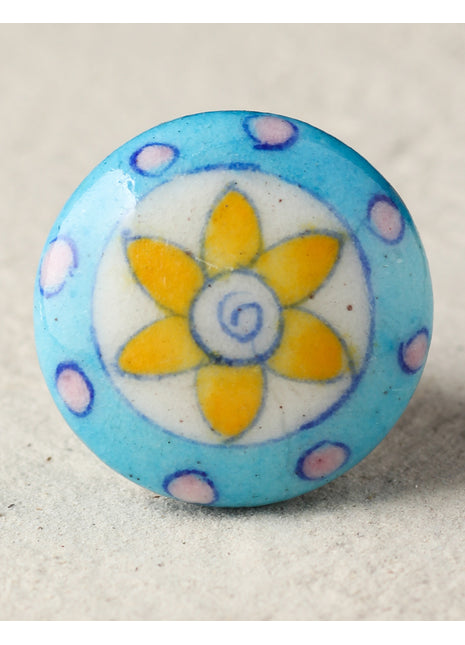 Vintage Turquoise Ceramic Blue Pottery Door Knob With Yellow Flower