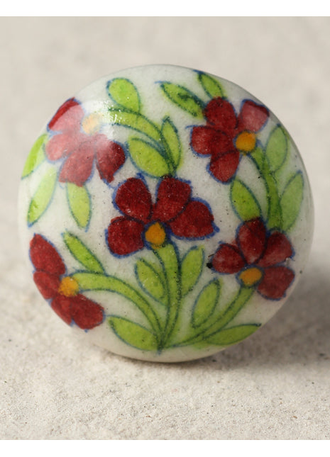 Elegant Turquoise Ceramic Blue Pottery Door Knob With Red Flowers And Green Leaves