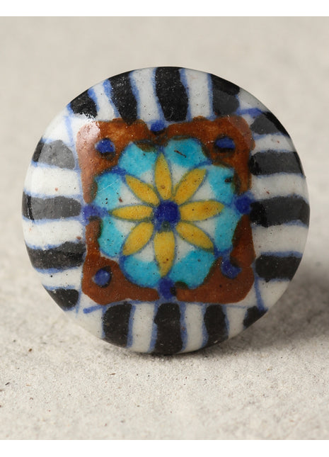 White And Black Patchwork With Yellow Flower Ceramic Blue Pottery Door Knob