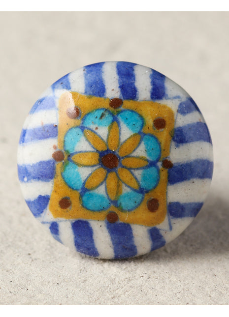 White And Blue Patchwork With Yellow Flower Ceramic Blue Pottery Door Knob
