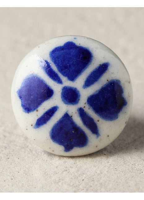 Handmade White Ceramic Blue Pottery Door Knob With Blue Design