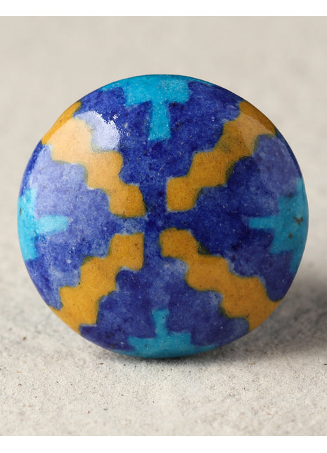 Zigzag Turquoise, Yellow And Blue Ceramic Blue Pottery Drawer Knob