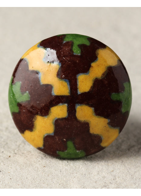 Zigzag Yellow, Brown And Green Ceramic Blue Pottery Door Knob