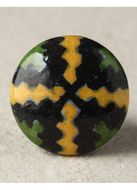 Zigzag Black, Yellow And Green Ceramic Blue Pottery Dresser Cabinet Knob