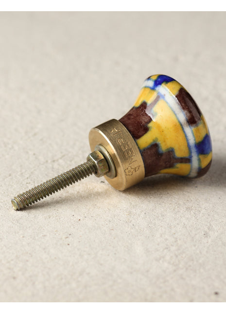 Zigzag Yellow, Brown And Blue Ceramic Blue Pottery Drawer Knob
